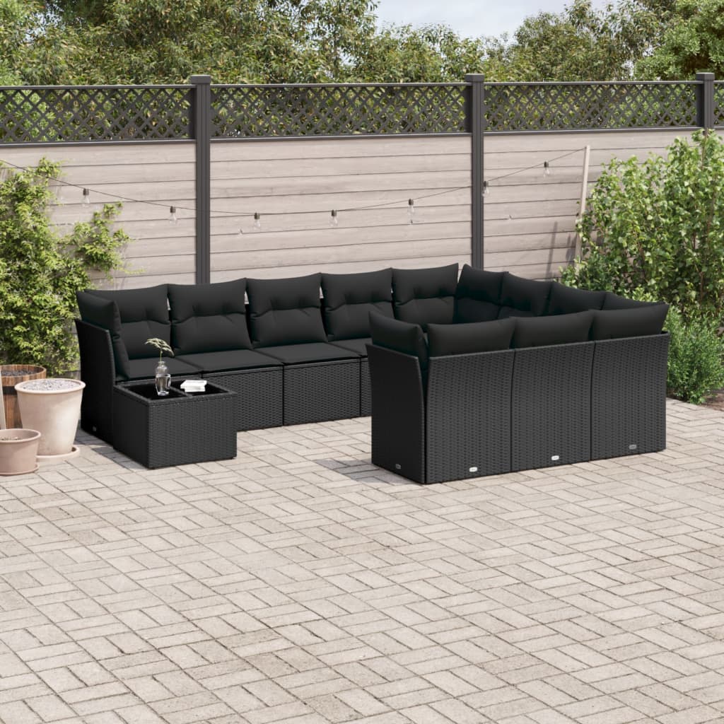 Set canapele de gradina cu perne, 11 piese, negru, poliratan — imaginea 2