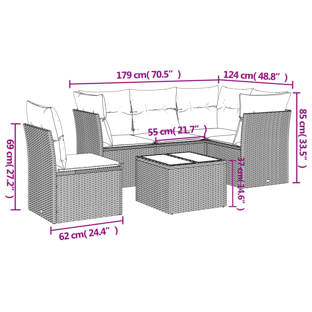 Set mobilier de gradina cu perne, 6 piese, negru, poliratan — imaginea 3