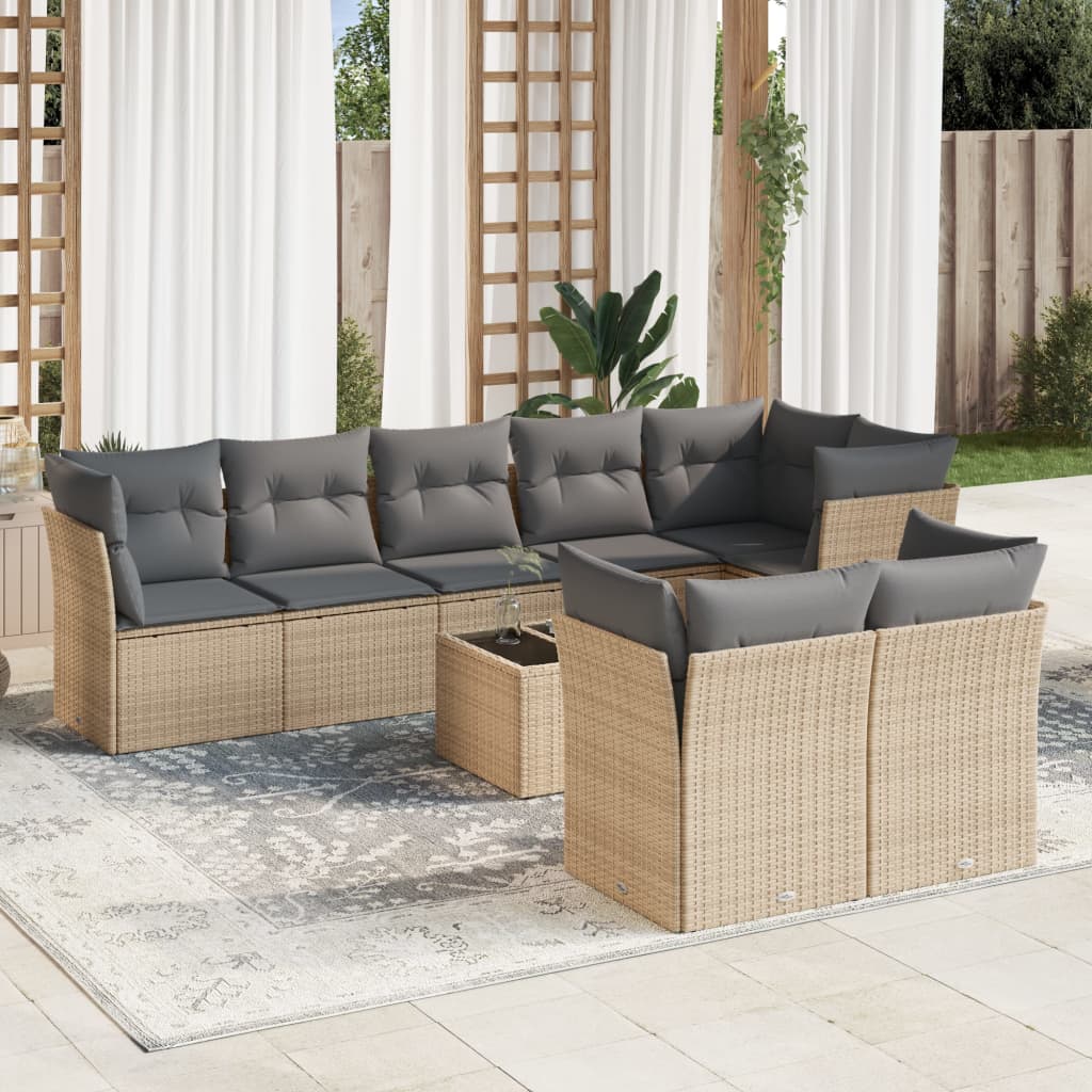 Set canapele de gradina, 9 piese, cu perne, bej, poliratan — imaginea 2