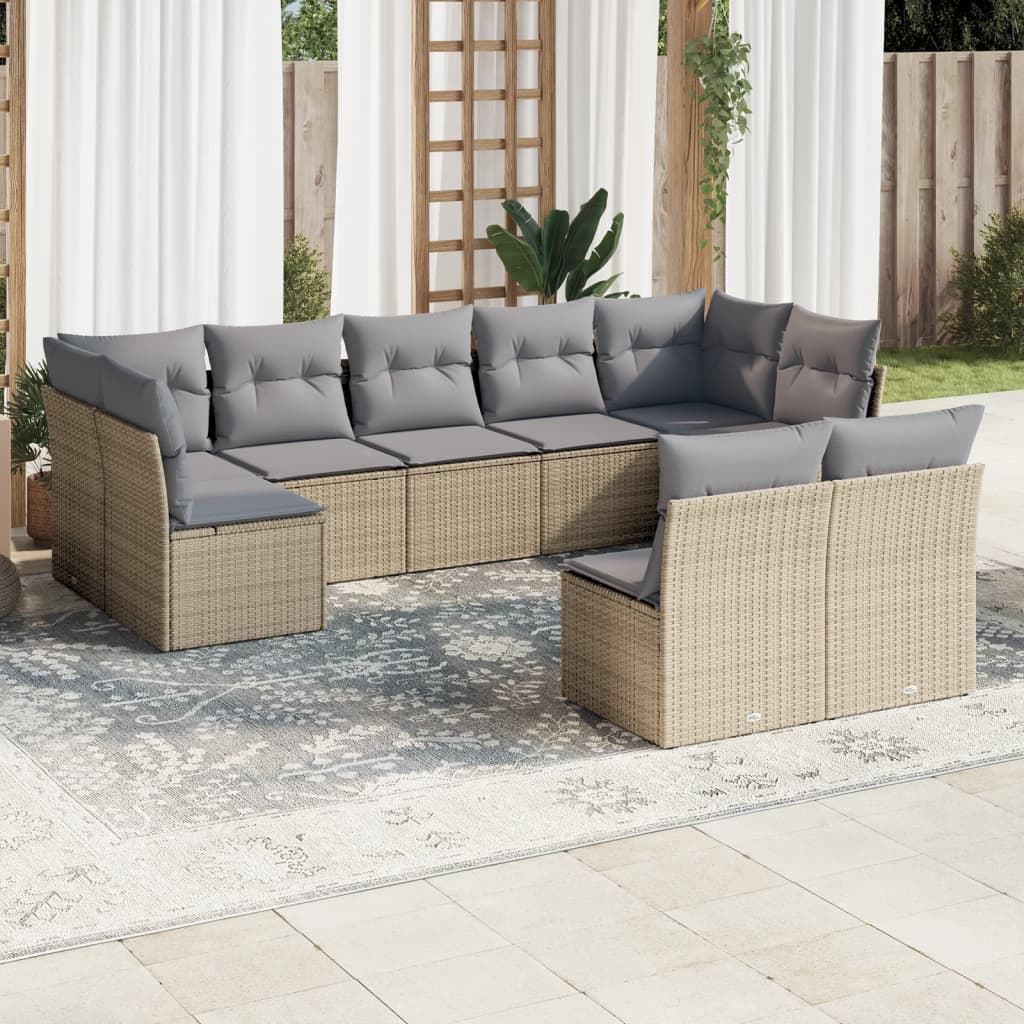 Set canapele de gradina, 9 piese, cu perne, bej, poliratan — imaginea 2