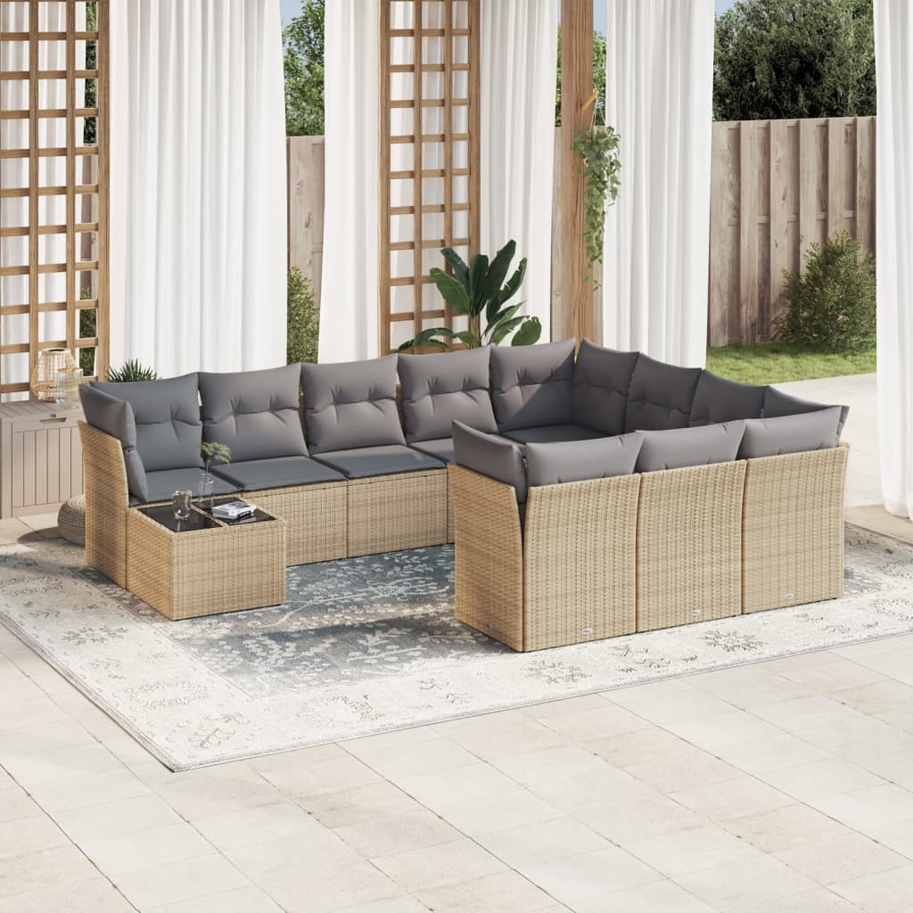 Set canapele de gradina cu perne, 11 piese, bej, poliratan — imaginea 2