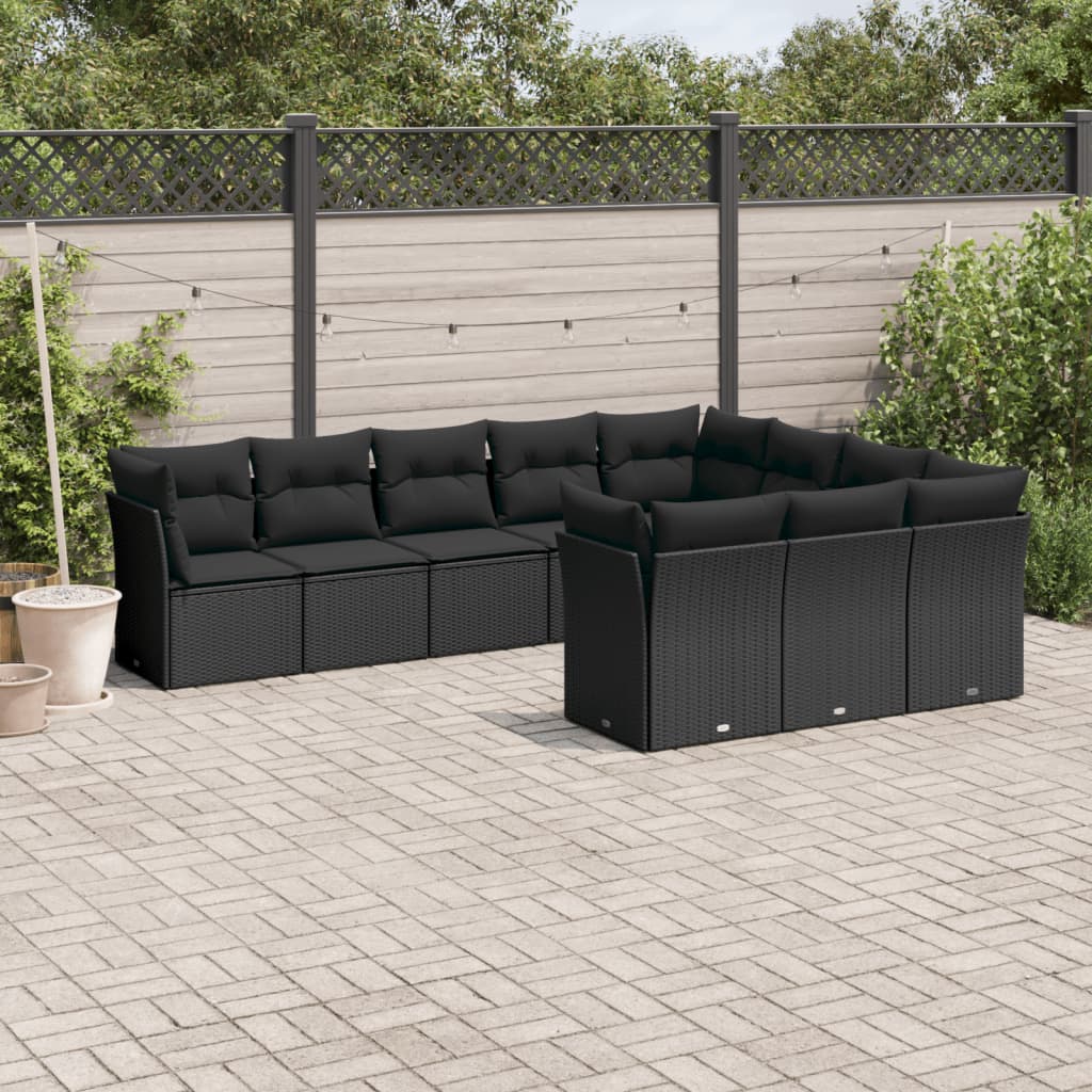Set canapele de gradina cu perne, 10 piese, negru, poliratan — imaginea 2