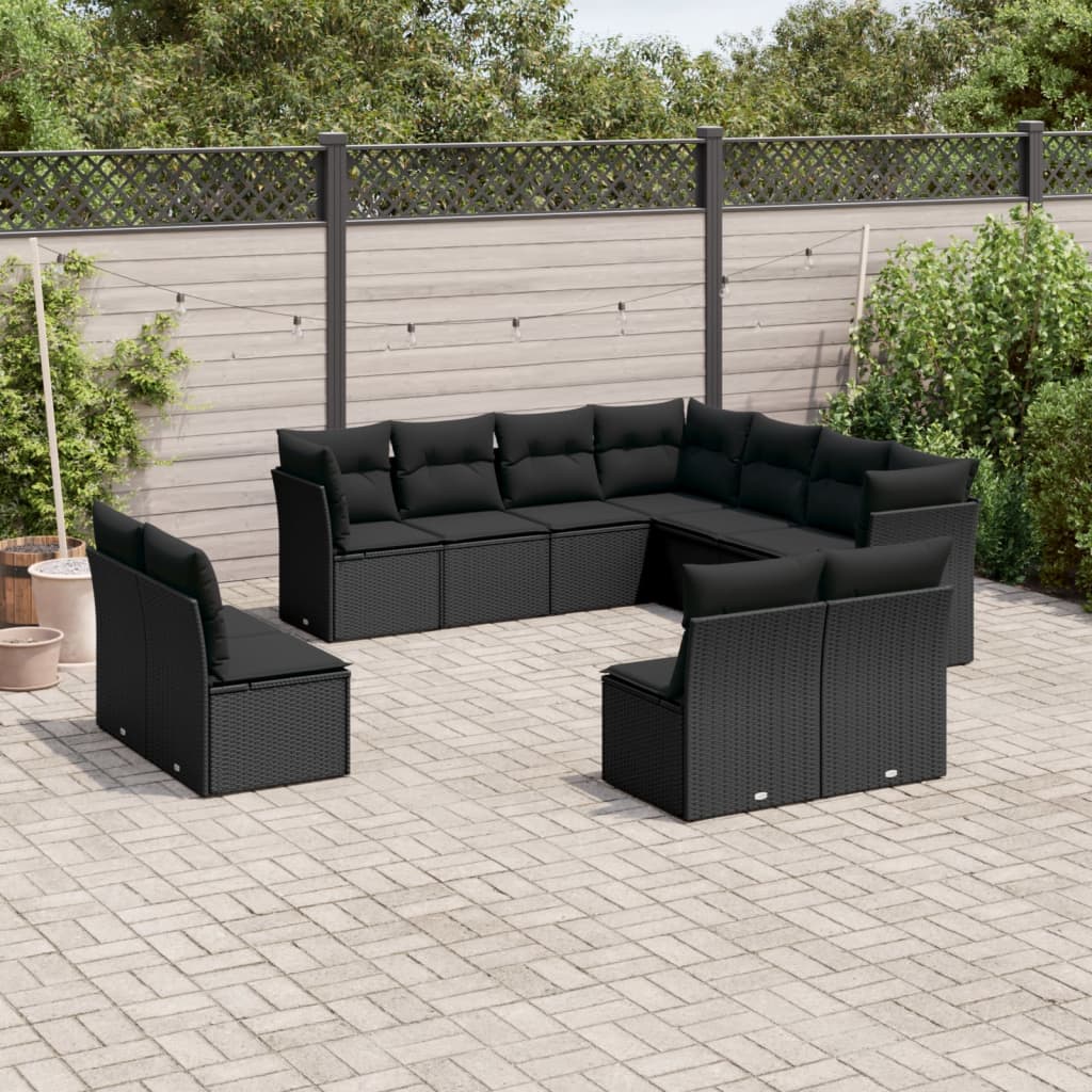 Set canapele de gradina cu perne, 11 piese, negru, poliratan — imaginea 2