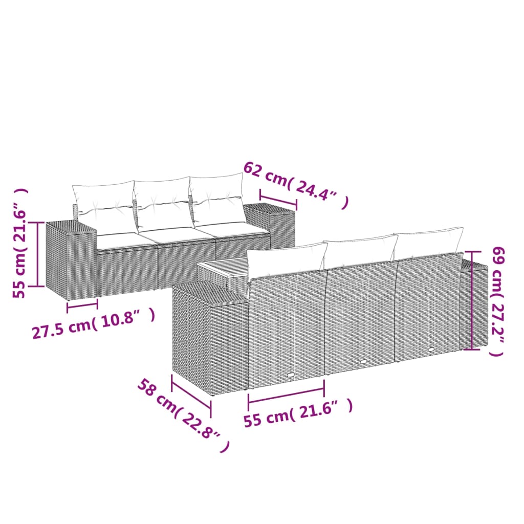 Set canapele de gradina, 7 piese, cu perne, bej, poliratan — imaginea 3