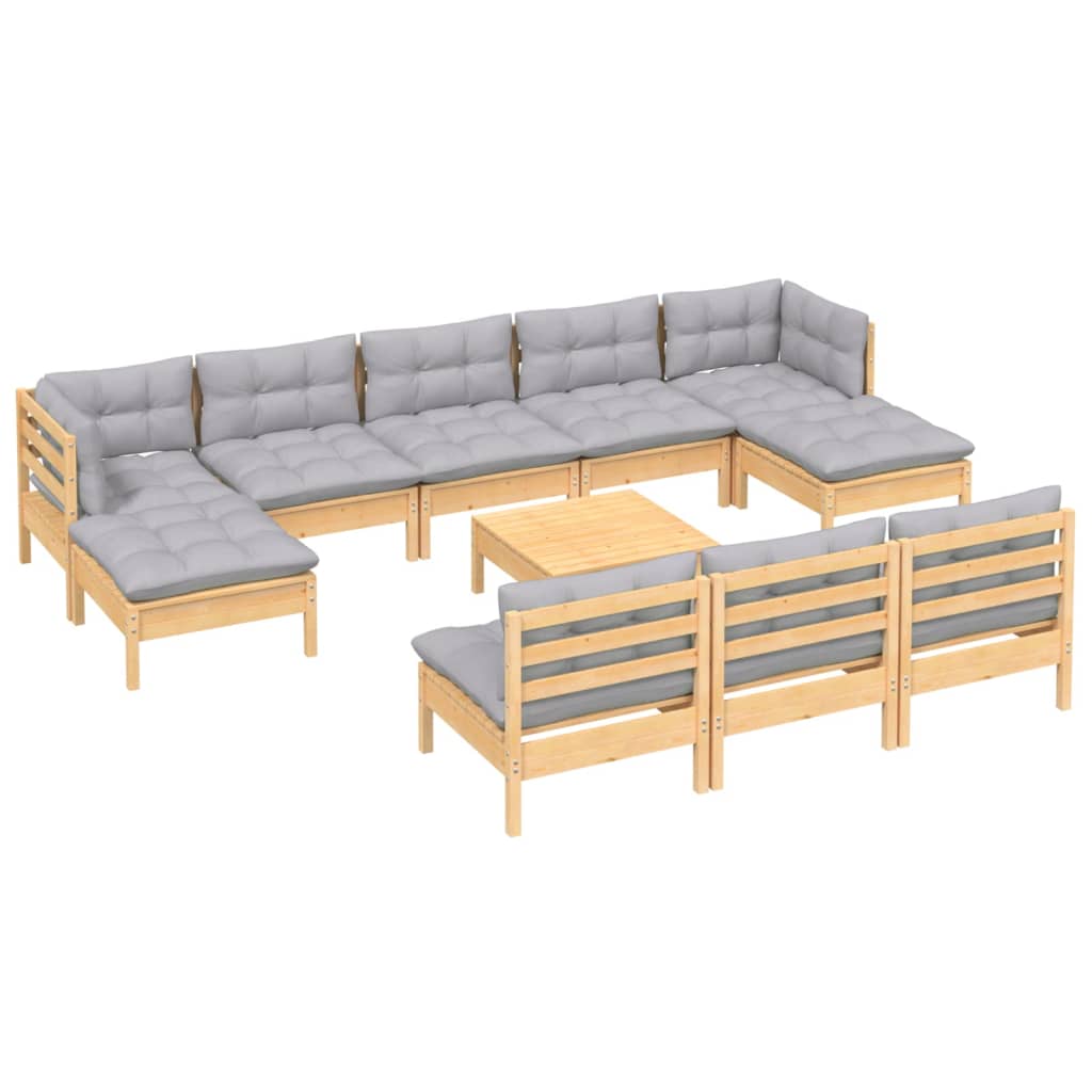 Set mobilier gradina cu perne gri, 11 piese, lemn de pin — imaginea 3