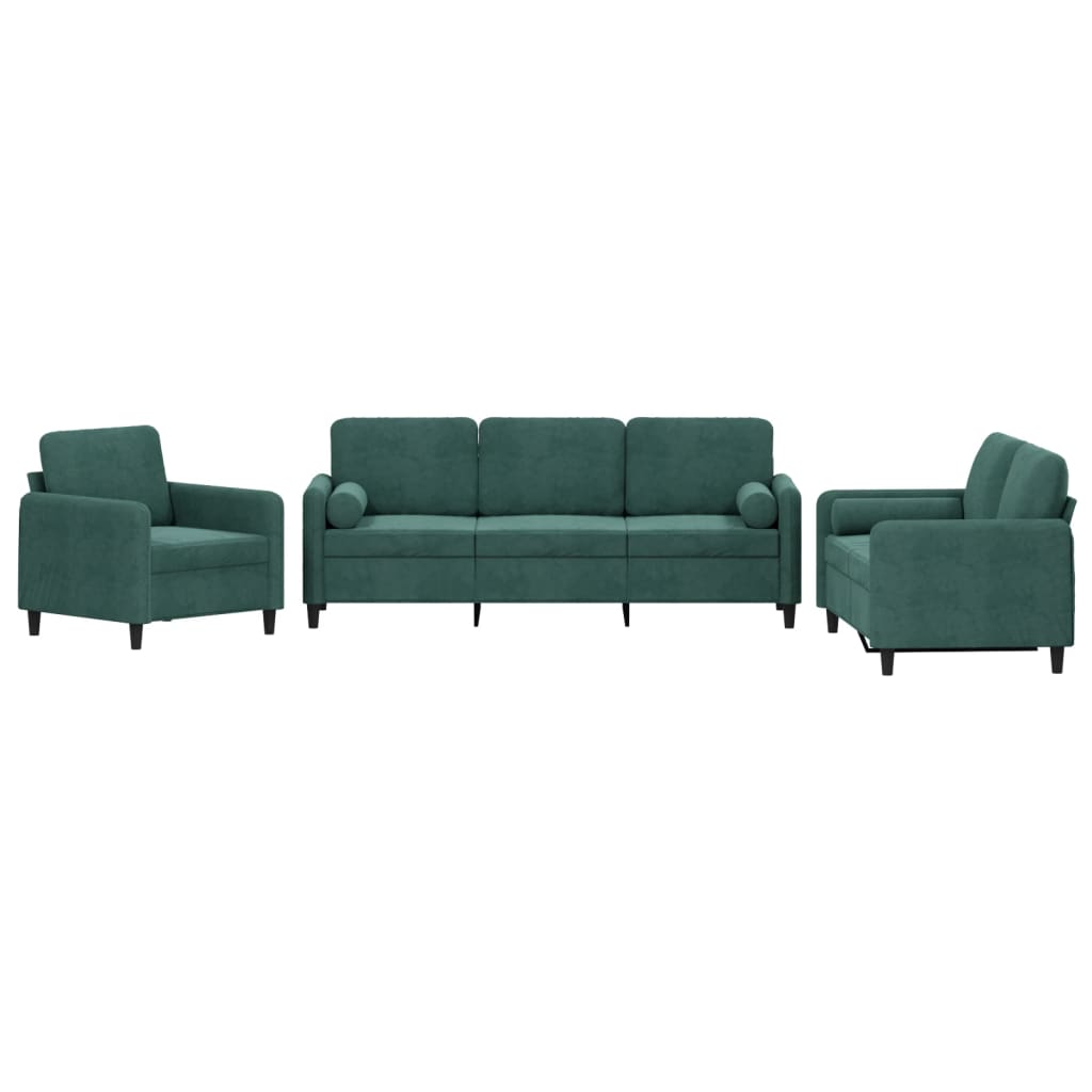 Set canapea cu perne, 3 piese, verde inchis, catifea
