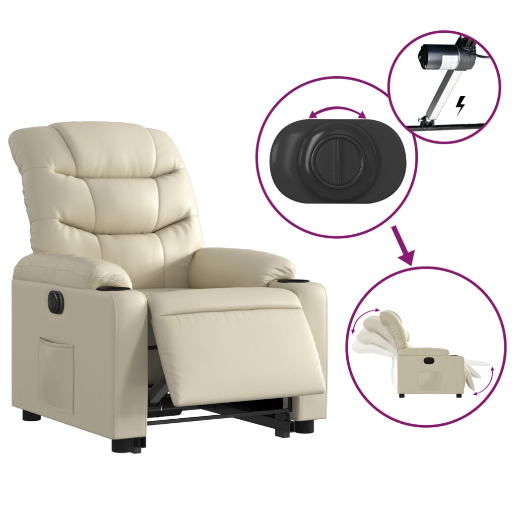 Fotoliu rabatabil electric cu ridicare, crem, piele ecologica — imaginea 5