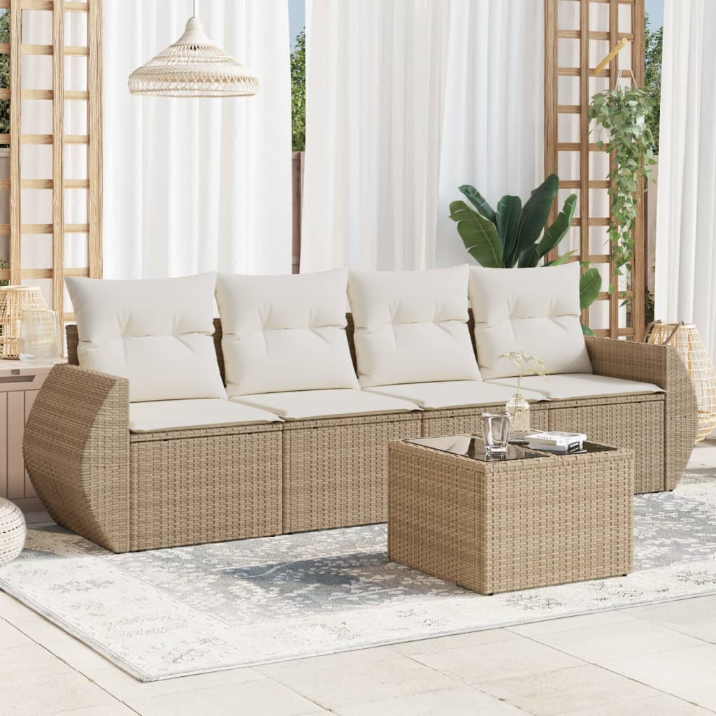 Set canapele de gradina cu perne, 5 piese, bej, poliratan — imaginea 2