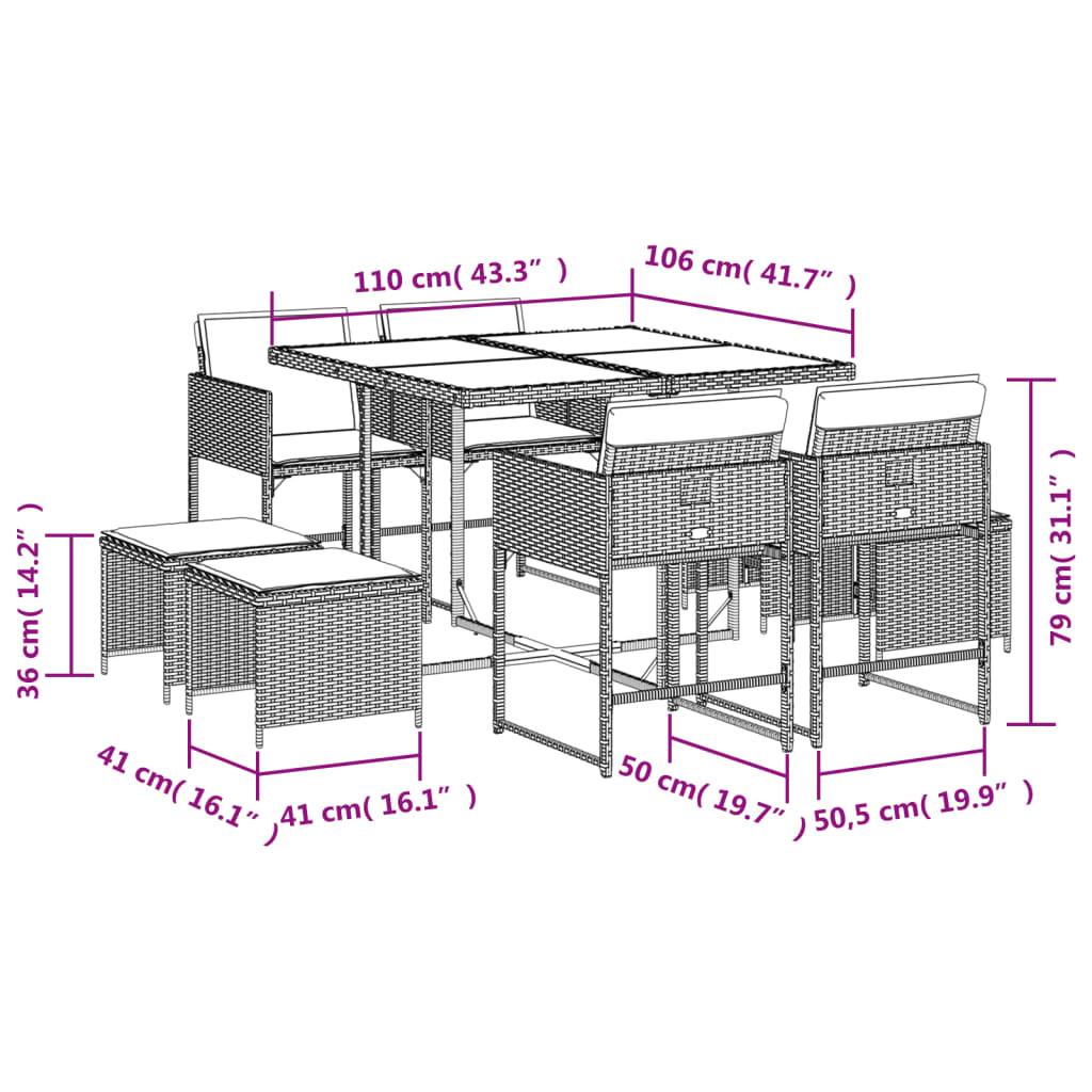 Set de masa pentru gradina, 9 piese, cu perne, bej, poliratan — imaginea 4