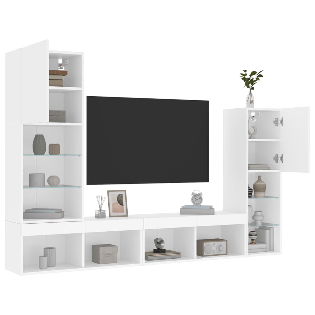 Unitati de perete TV cu LED-uri, 4 piese, alb, lemn prelucrat — imaginea 2