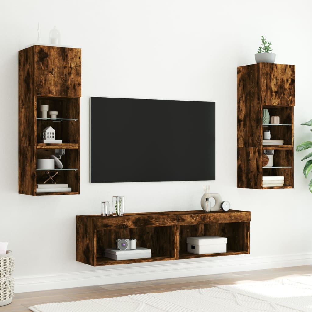 Comoda TV cu lumini LED, stejar fumuriu, 60x30x30 cm — imaginea 4
