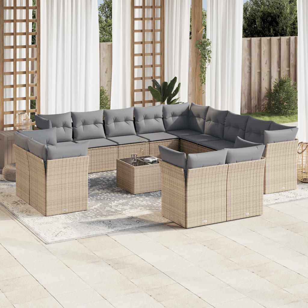 Set canapele de gradina, 14 piese, cu perne, bej, poliratan — imaginea 2