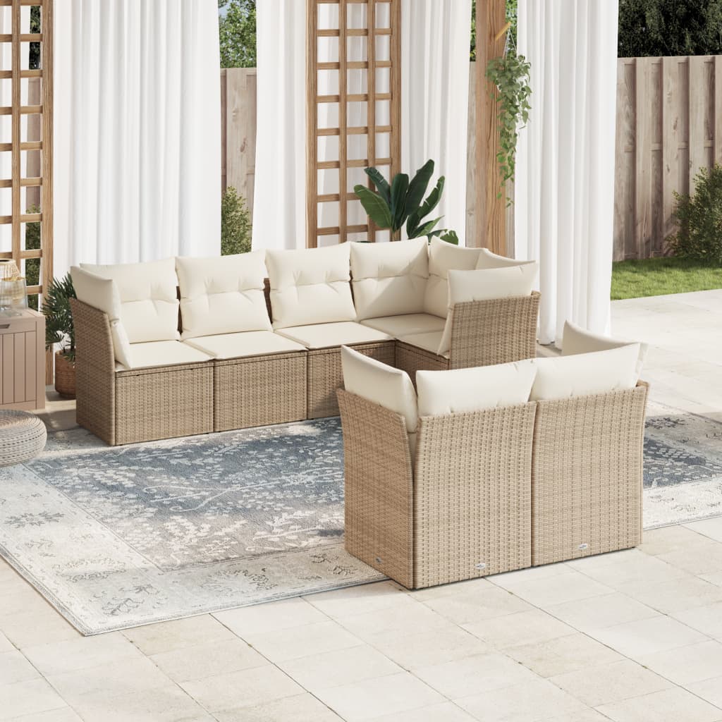 Set canapele de gradina, 7 piese, cu perne, bej, poliratan — imaginea 2