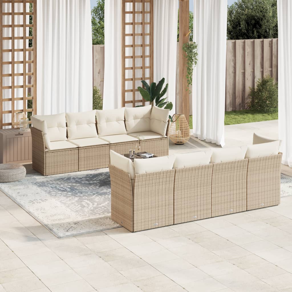 Set canapele de gradina, 9 piese, cu perne, bej, poliratan — imaginea 2
