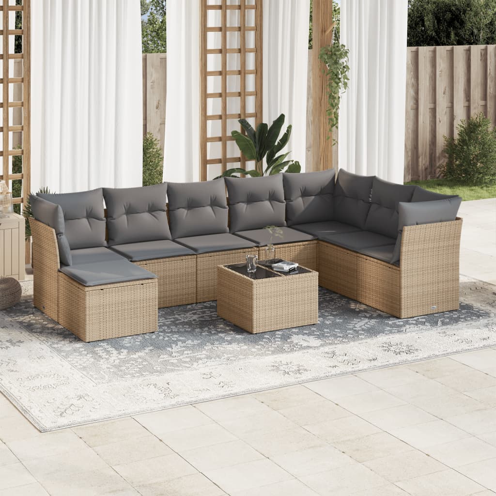 Set canapele de gradina, 9 piese, cu perne, bej, poliratan — imaginea 2