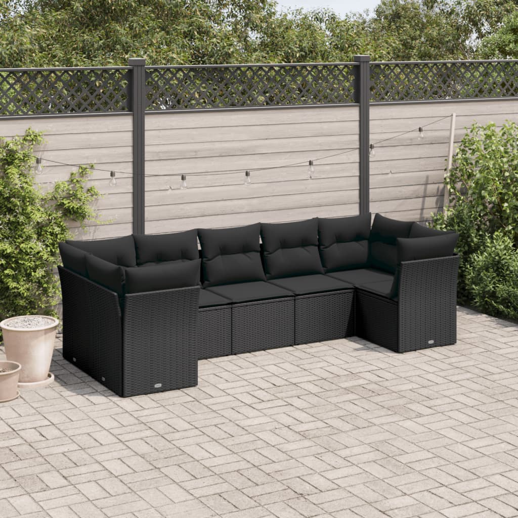 Set canapele de gradina cu perne, 7 piese, negru, poliratan — imaginea 2