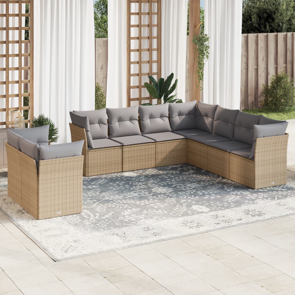 Set canapele de gradina, 9 piese, cu perne, bej, poliratan — imaginea 2
