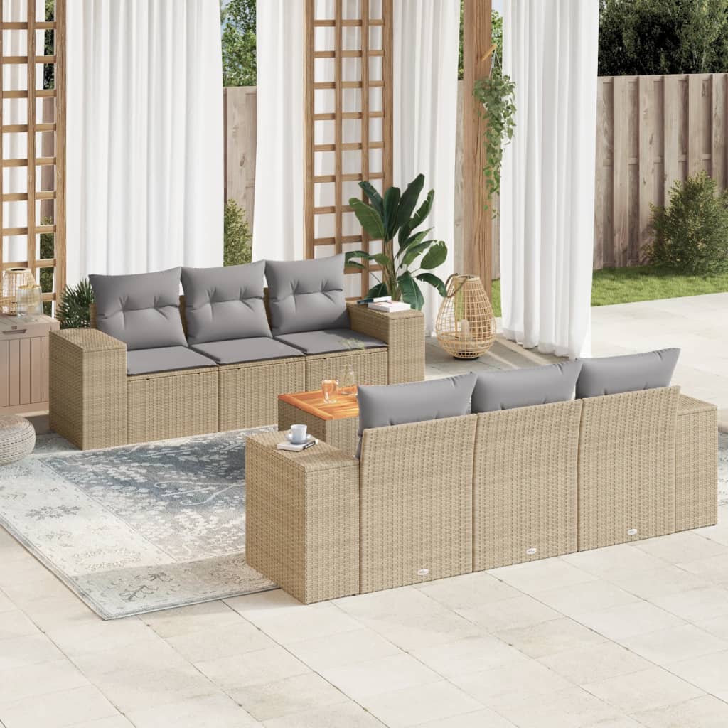 Set canapele de gradina, 7 piese, cu perne, bej, poliratan — imaginea 2