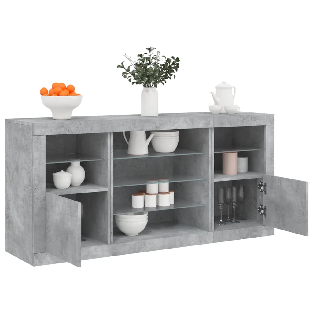 Servanta cu lumini LED, gri beton, 142,5x37x67 cm — imaginea 2