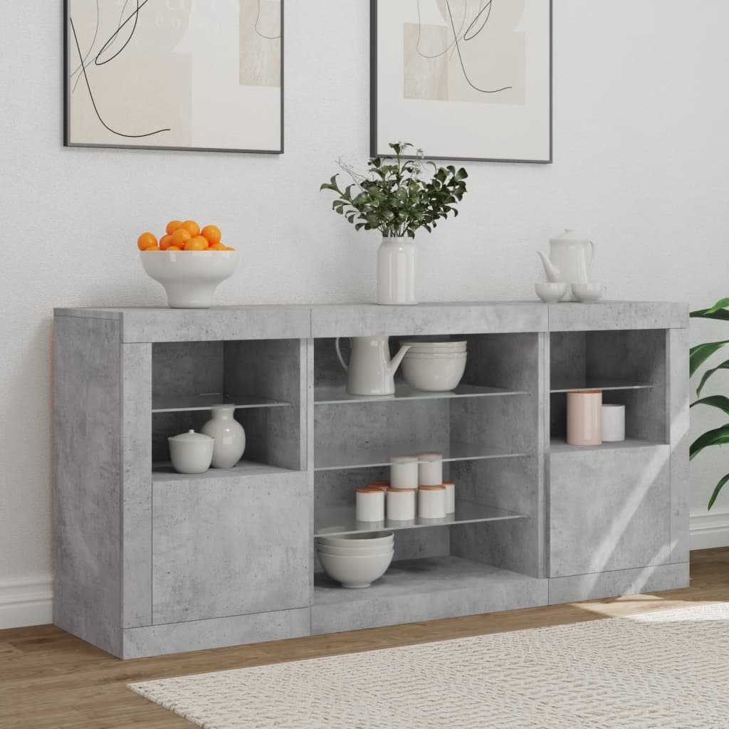 Servanta cu lumini LED, gri beton, 142,5x37x67 cm — imaginea 3