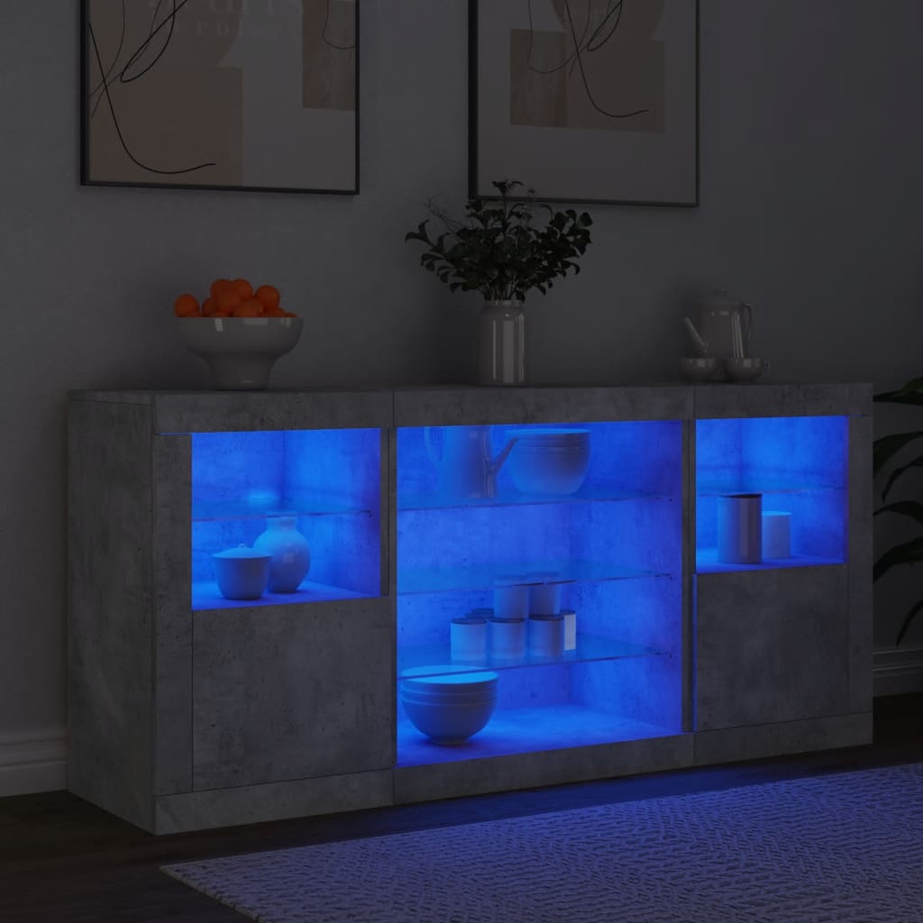 Servanta cu lumini LED, gri beton, 142,5x37x67 cm — imaginea 4
