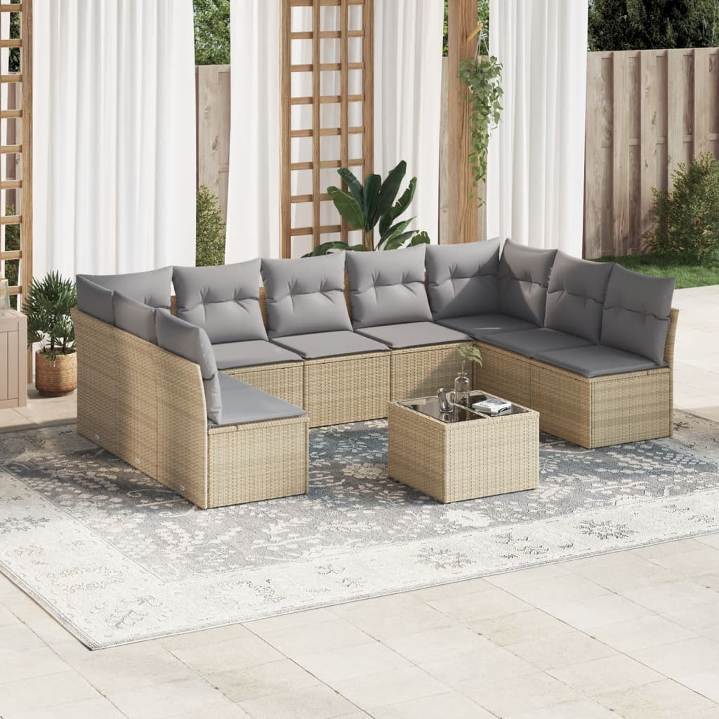 Set canapele de gradina cu perne, 10 piese, bej, poliratan — imaginea 2