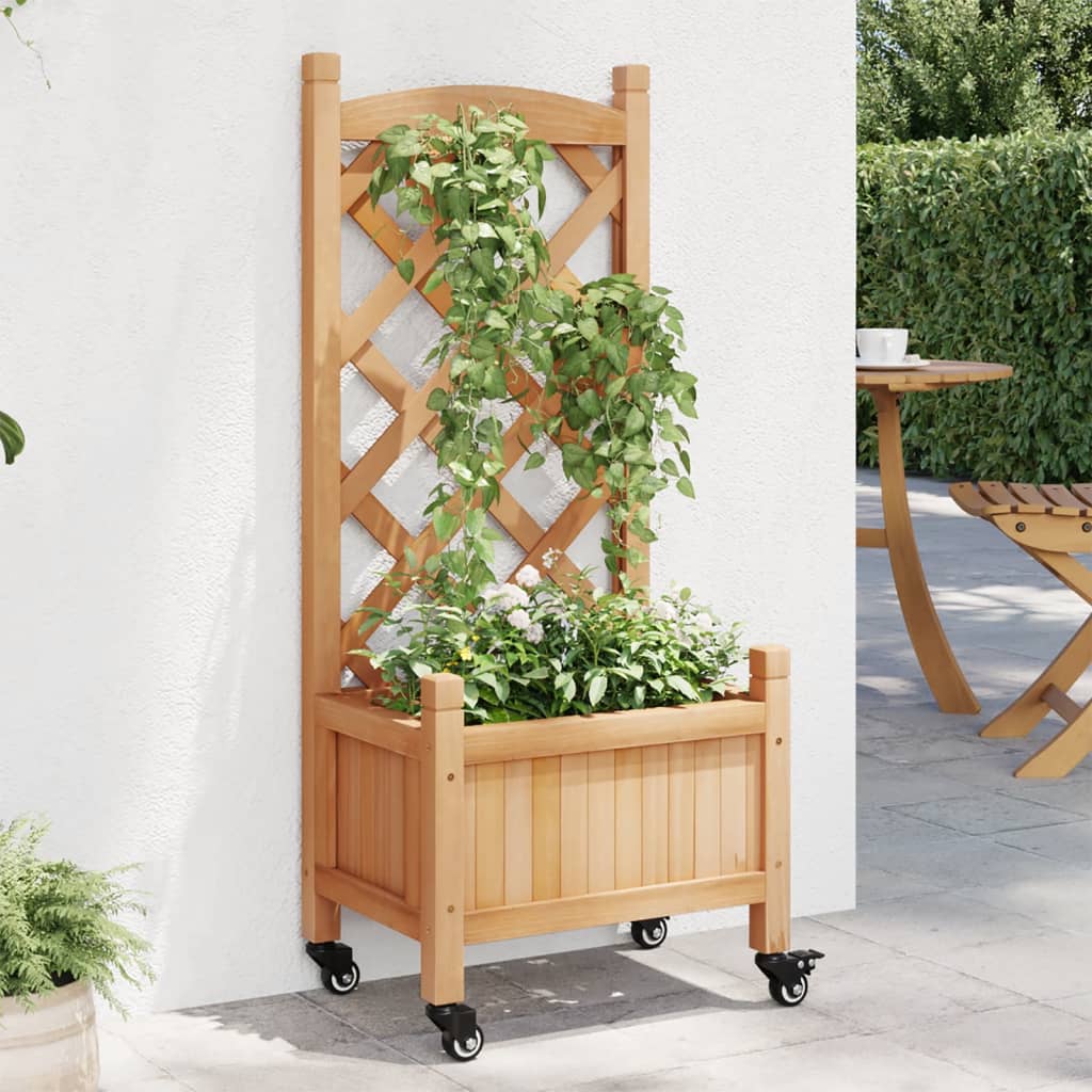 Jardiniera cu spalier și roti, maro, lemn masiv de brad, mărime 40x30x97.5 cm — imaginea 2