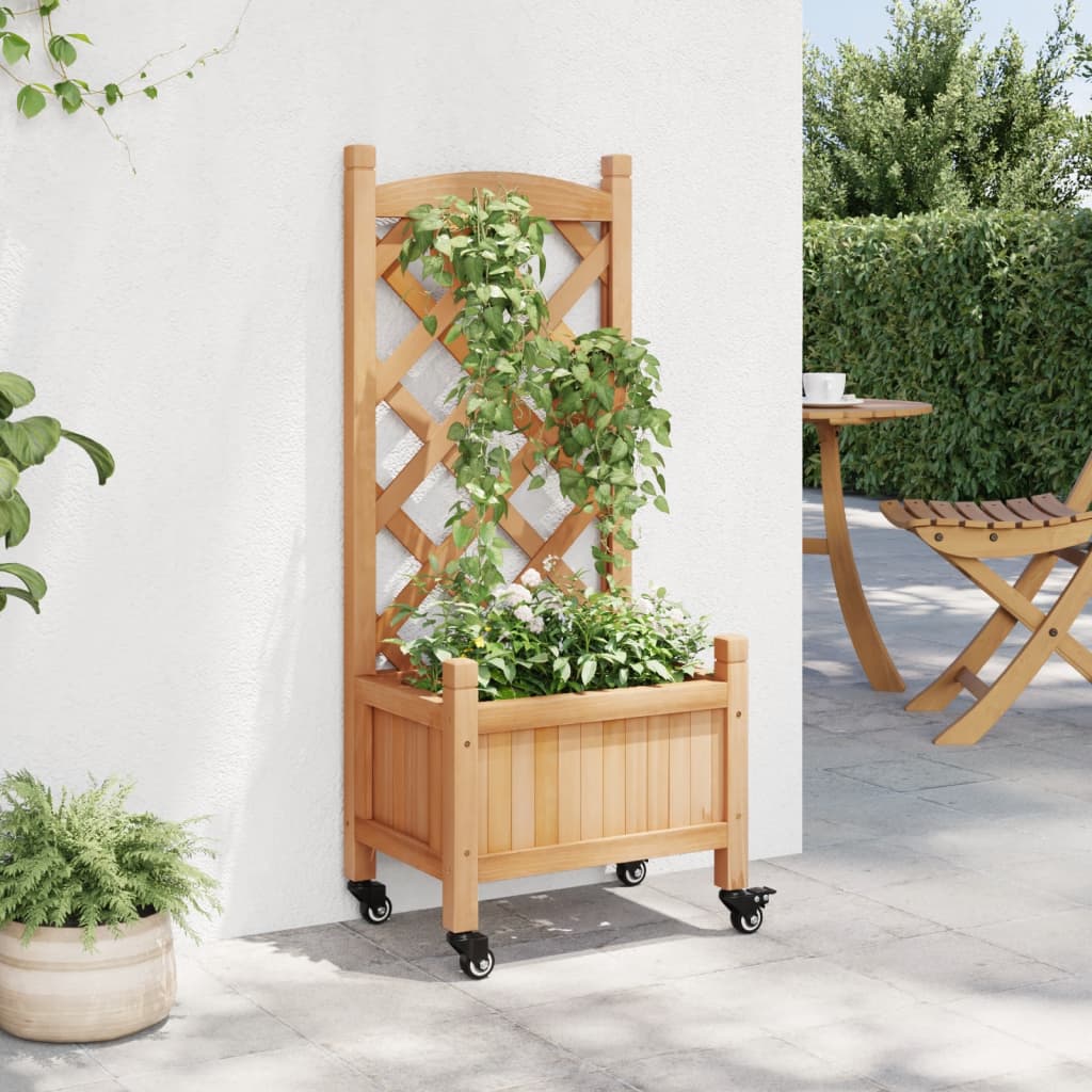 Jardiniera cu spalier și roti, maro, lemn masiv de brad, mărime 40x30x97.5 cm — imaginea 3