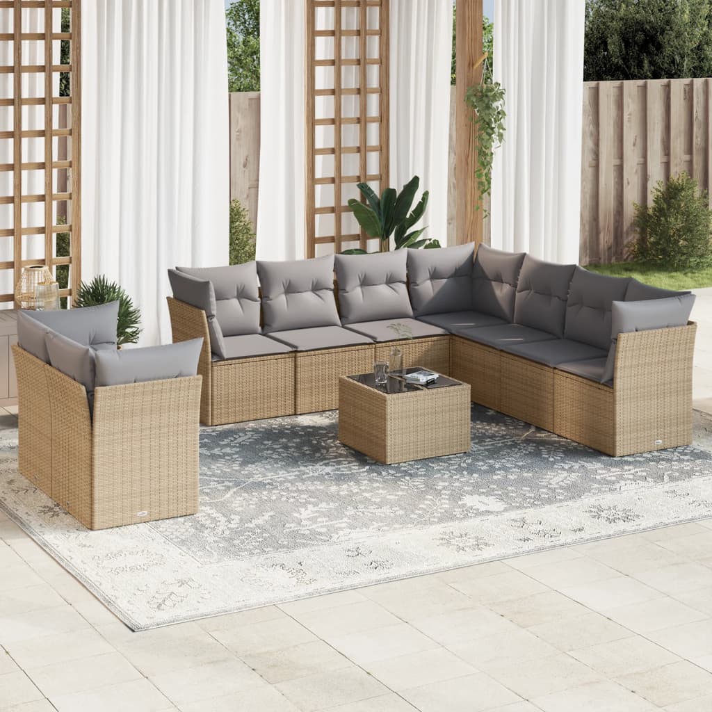 Set canapele de gradina cu perne, 10 piese, bej, poliratan — imaginea 2