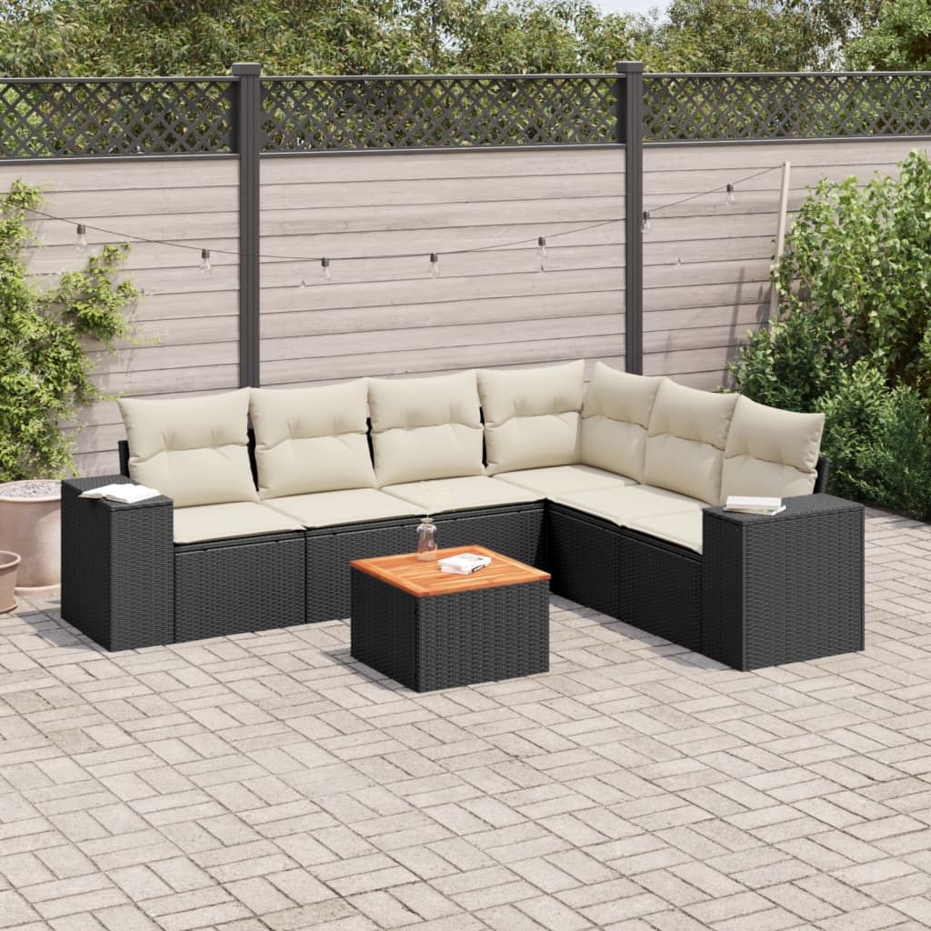 Set canapele de gradina cu perne, 7 piese, negru, poliratan — imaginea 2