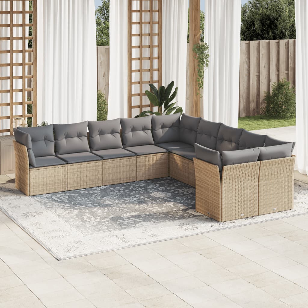 Set canapele de gradina cu perne, 10 piese, bej, poliratan — imaginea 2