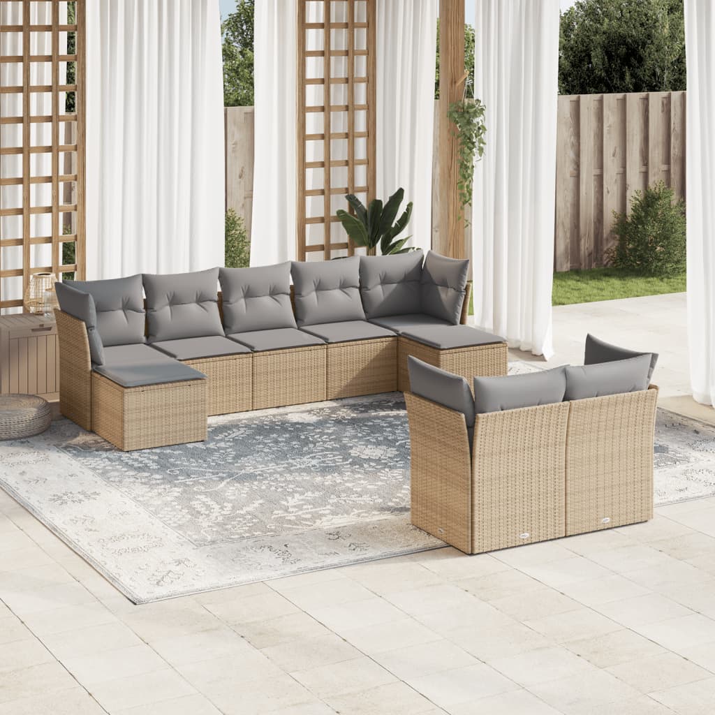 Set canapele de gradina, 9 piese, cu perne, bej, poliratan — imaginea 2
