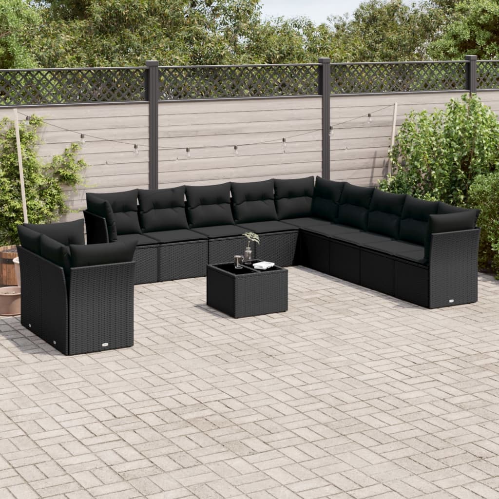 Set canapele de gradina, 12 piese, cu perne, negru, poliratan — imaginea 2
