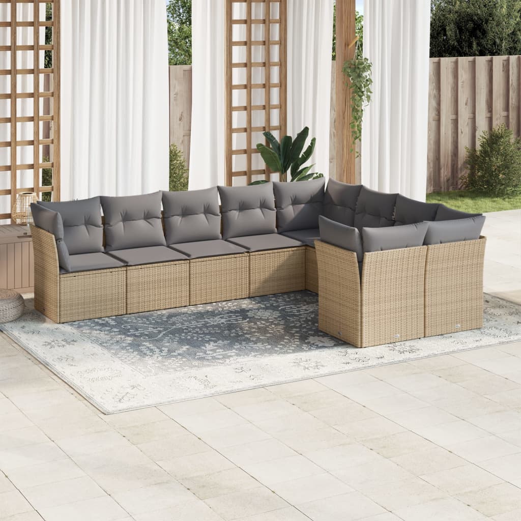 Set canapele de gradina, 9 piese, cu perne, bej, poliratan — imaginea 2