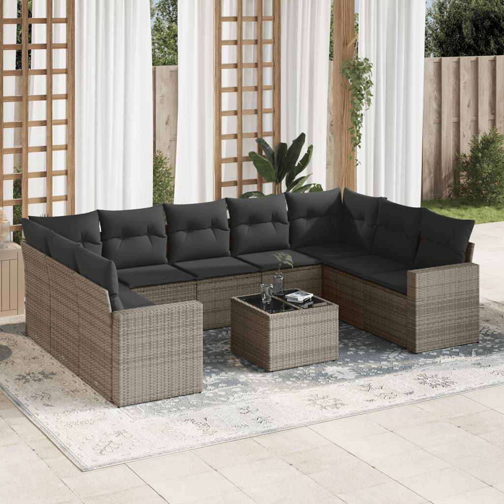 Set mobilier de gradina cu perne, 10 piese, gri, poliratan — imaginea 2
