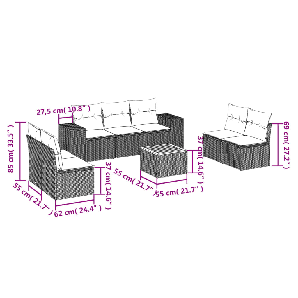 Set canapele de gradina cu perne, 8 piese, gri, poliratan — imaginea 3
