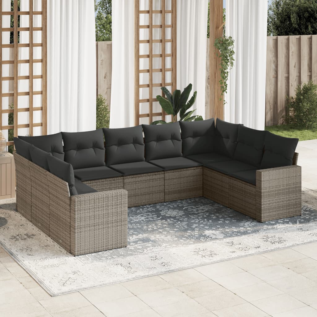 Set canapele de gradina, 9 piese, cu perne, gri, poliratan — imaginea 2