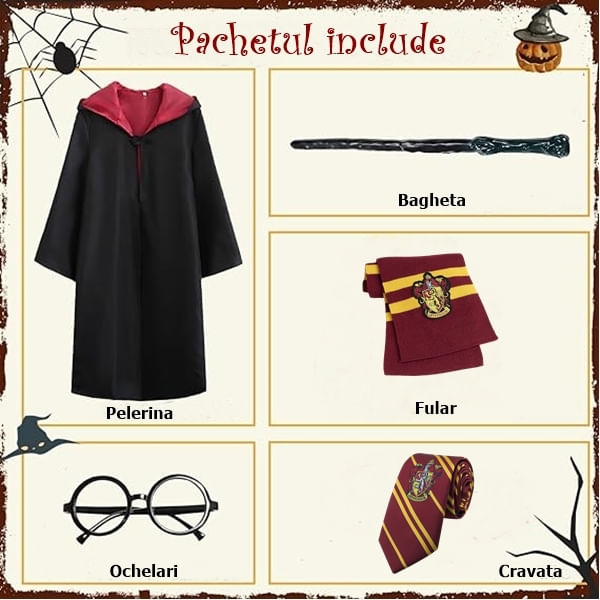 Costum carnaval copii Harry Potter cu cravata,ochelari,bagheta si fular, IdeallStore®,7-9 ani - 2 | YEO