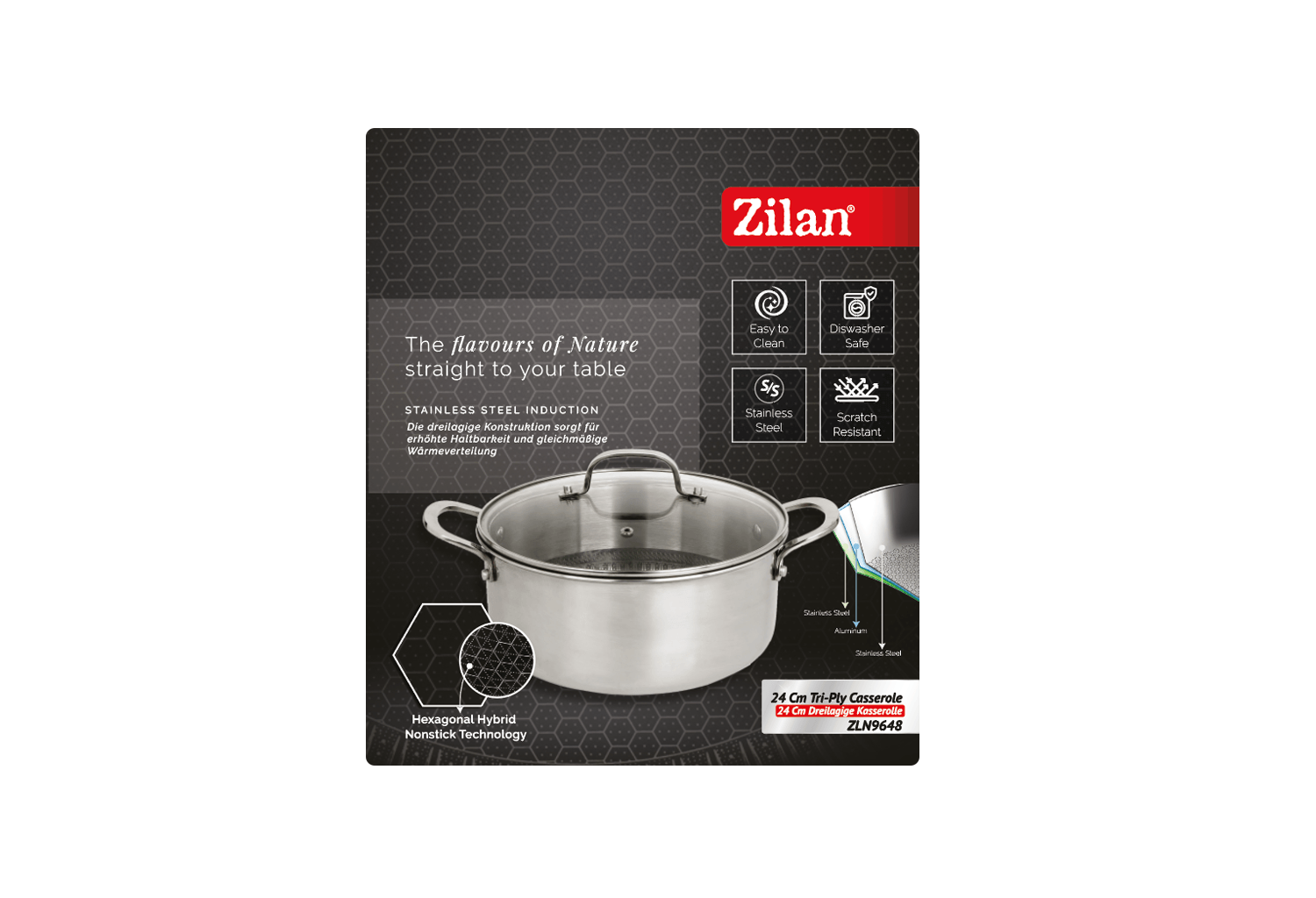 Oala Zilan ZLN9648 cu capac, tri-ply, inox, antiaderent, protectie la zgarieturi, usor de spalat, 24 cm — imaginea 4