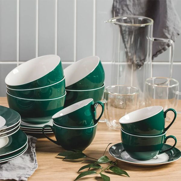 Set servire ceai sau cafea, 12 piese, 6 persoane, portelan, AMBITION Aura Green - 1 | YEO