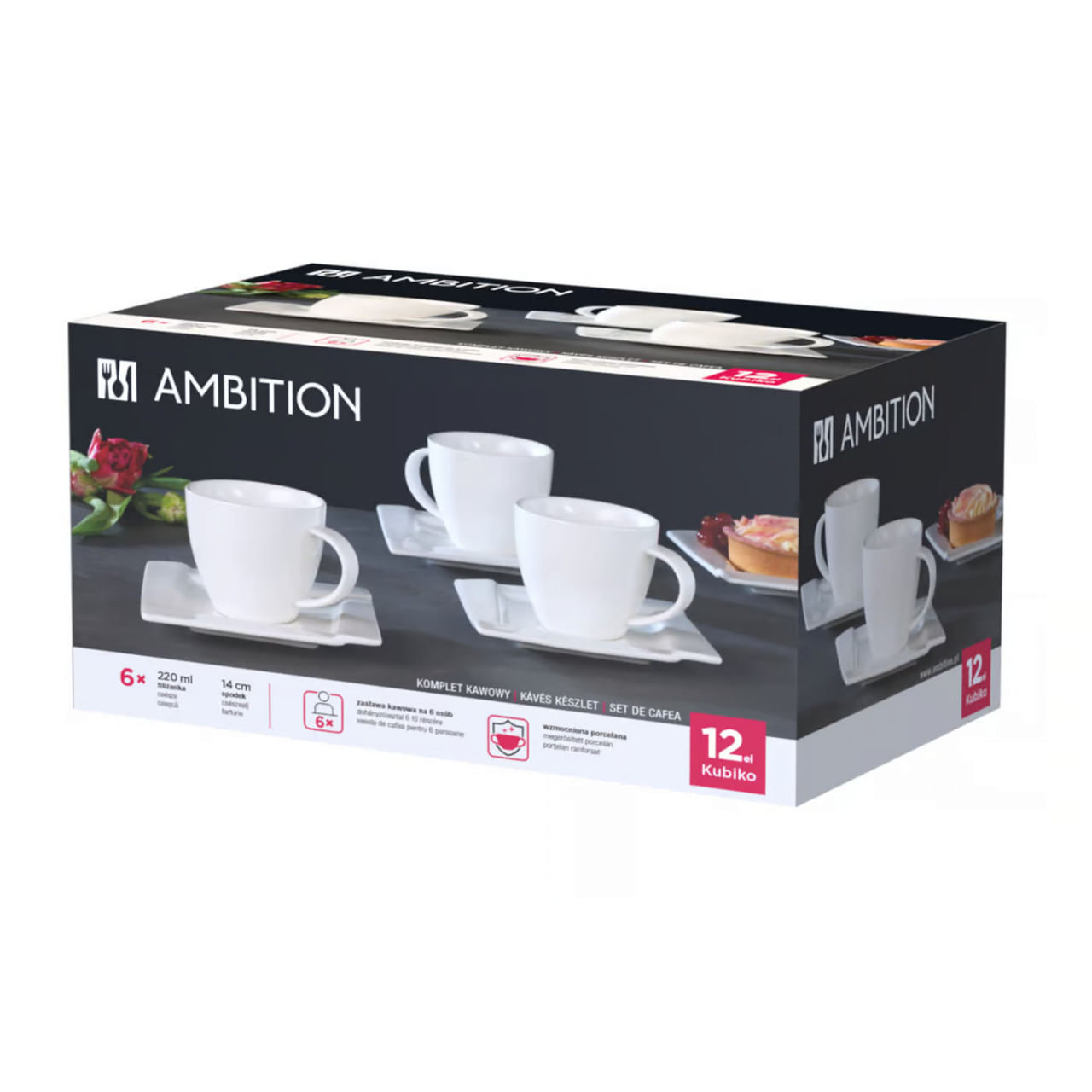 Set servire ceai sau cafea, 12 piese, 6 persoane, portelan, AMBITION Kubiko