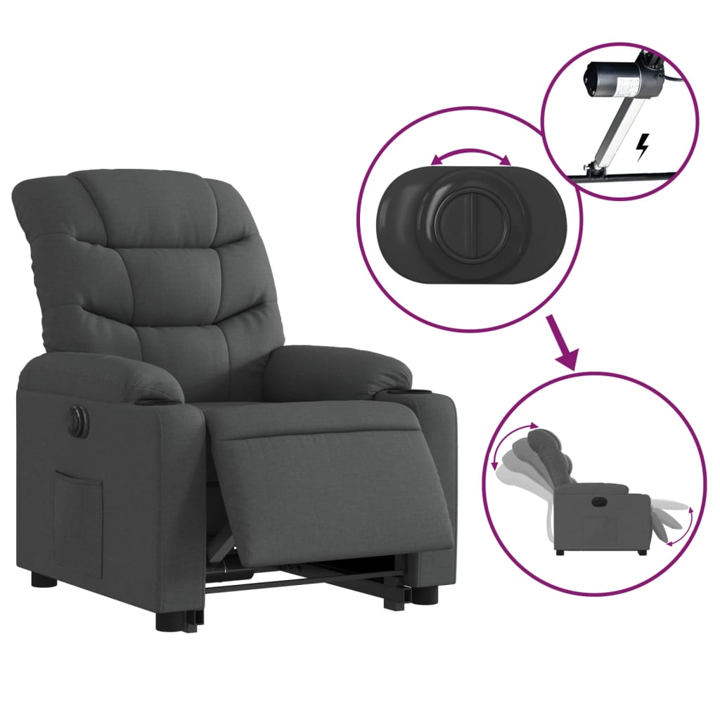 Fotoliu electric rabatabil cu ridicare, gri inchis, textil — imaginea 5