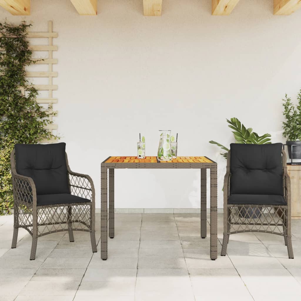 Set bistro de gradina cu perne, 3 piese, gri, poliratan — imaginea 2
