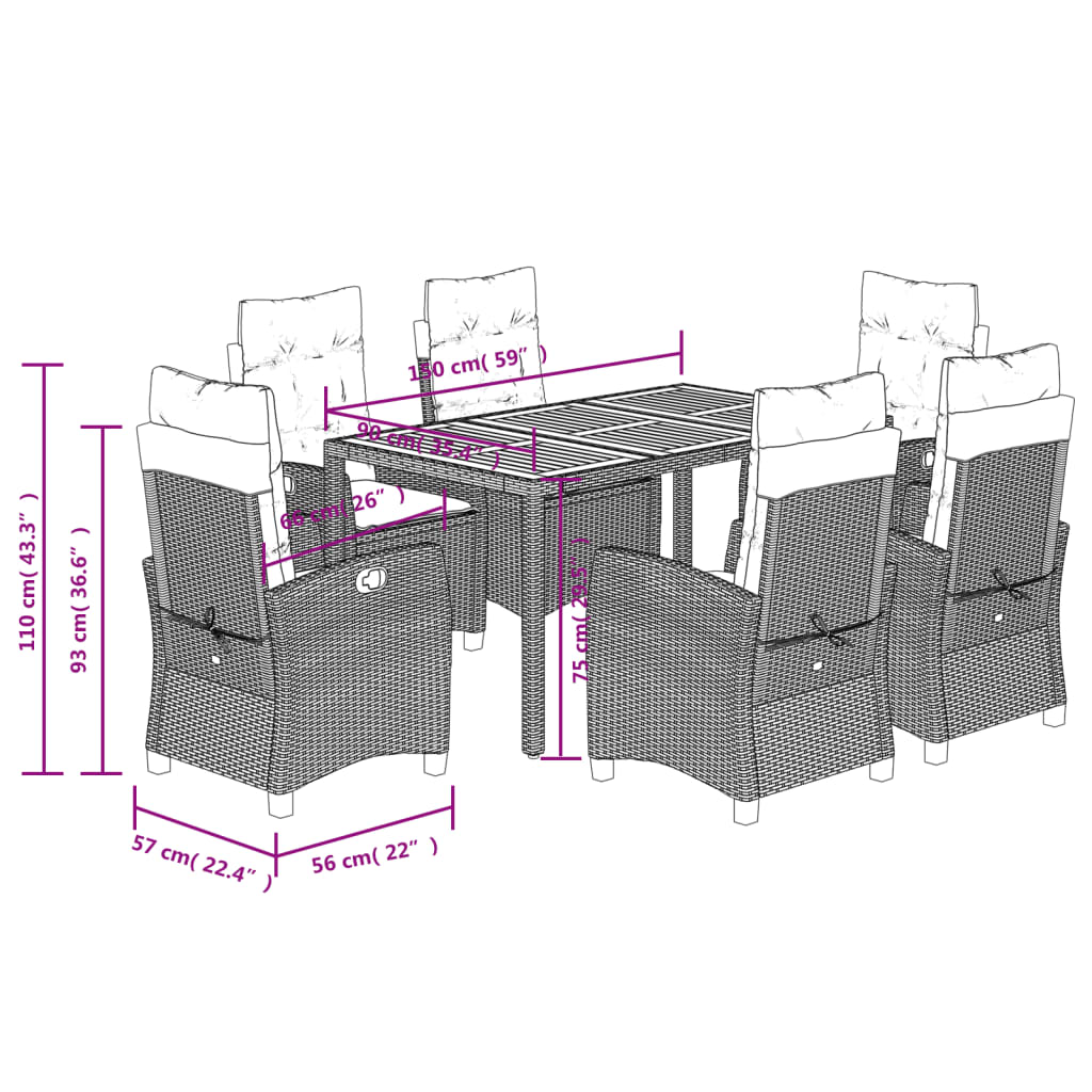 Set mobilier de gradina cu perne, 7 piese, gri, poliratan — imaginea 9