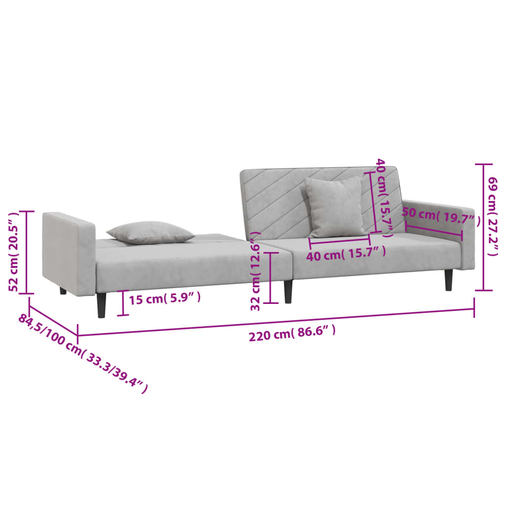 Canapea extensibila cu 2 locuri, 2 perne, gri deschis, catifea — imaginea 11