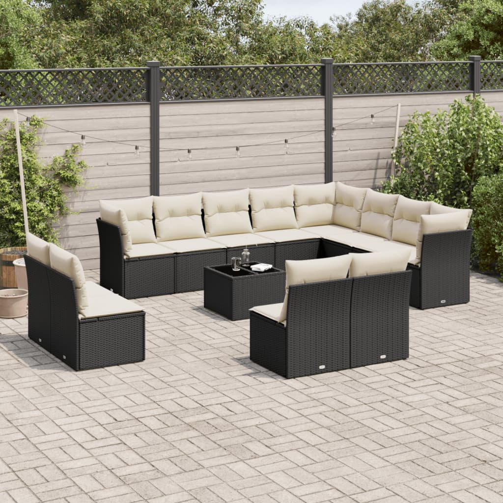 Set mobilier de gradina cu perne, 13 piese, negru, poliratan — imaginea 2