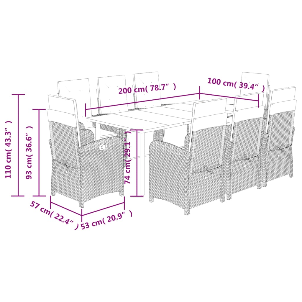 Set mobilier de gradina cu perne, 9 piese, negru, poliratan — imaginea 9