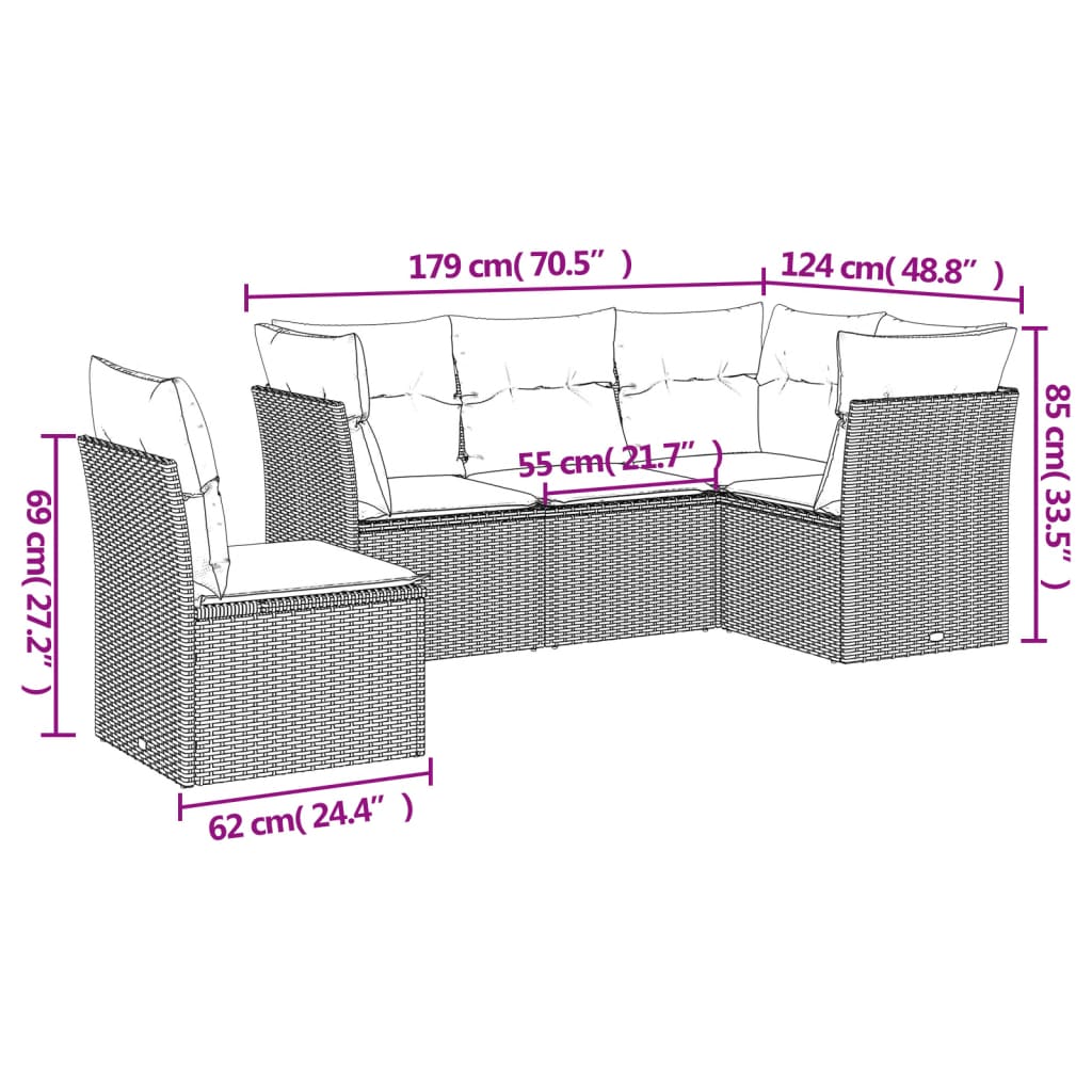 Set canapea de gradina cu perne, 5 piese, gri, poliratan — imaginea 3