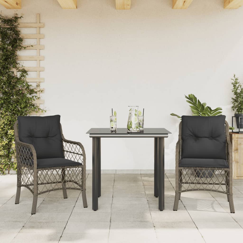 Set bistro de gradina cu perne, 3 piese, gri, poliratan — imaginea 2