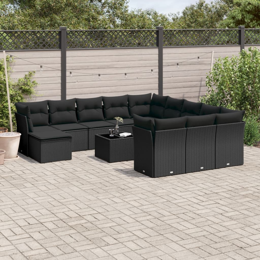 Set mobilier de gradina cu perne, 13 piese, negru, poliratan — imaginea 2